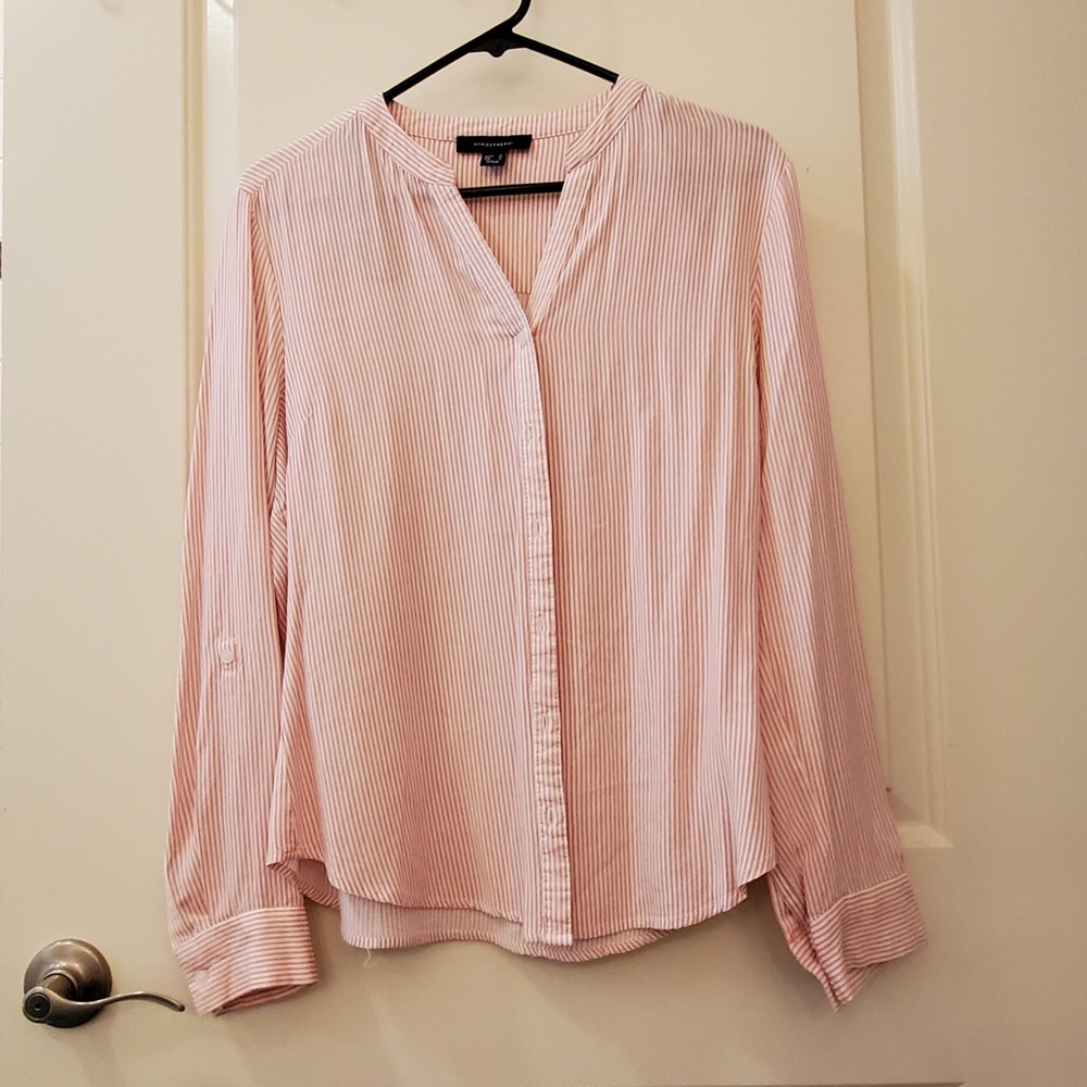 ATMOSPHERE Mandarin Collar Red-Stripe Shirt